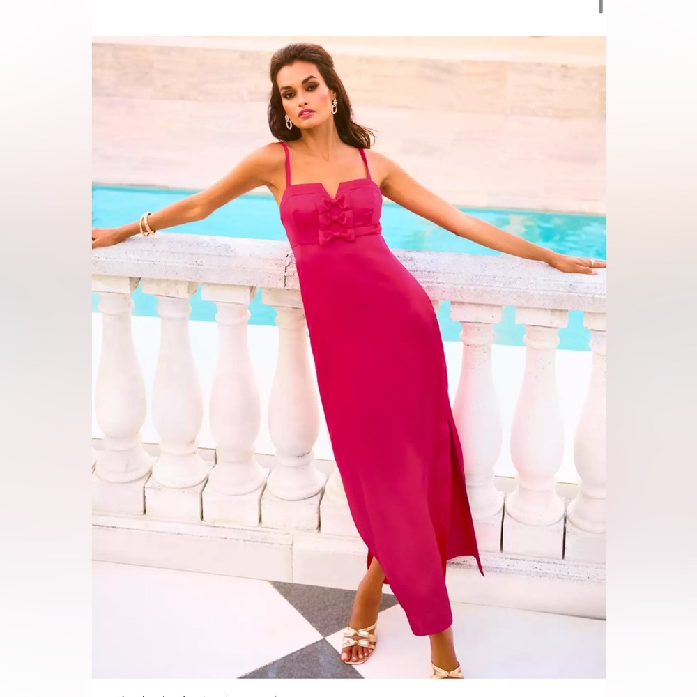 Lilly Pulitzer Jean Bow Maxi Dress in Sleek Satin in Raspberry Rouge. Size 10.